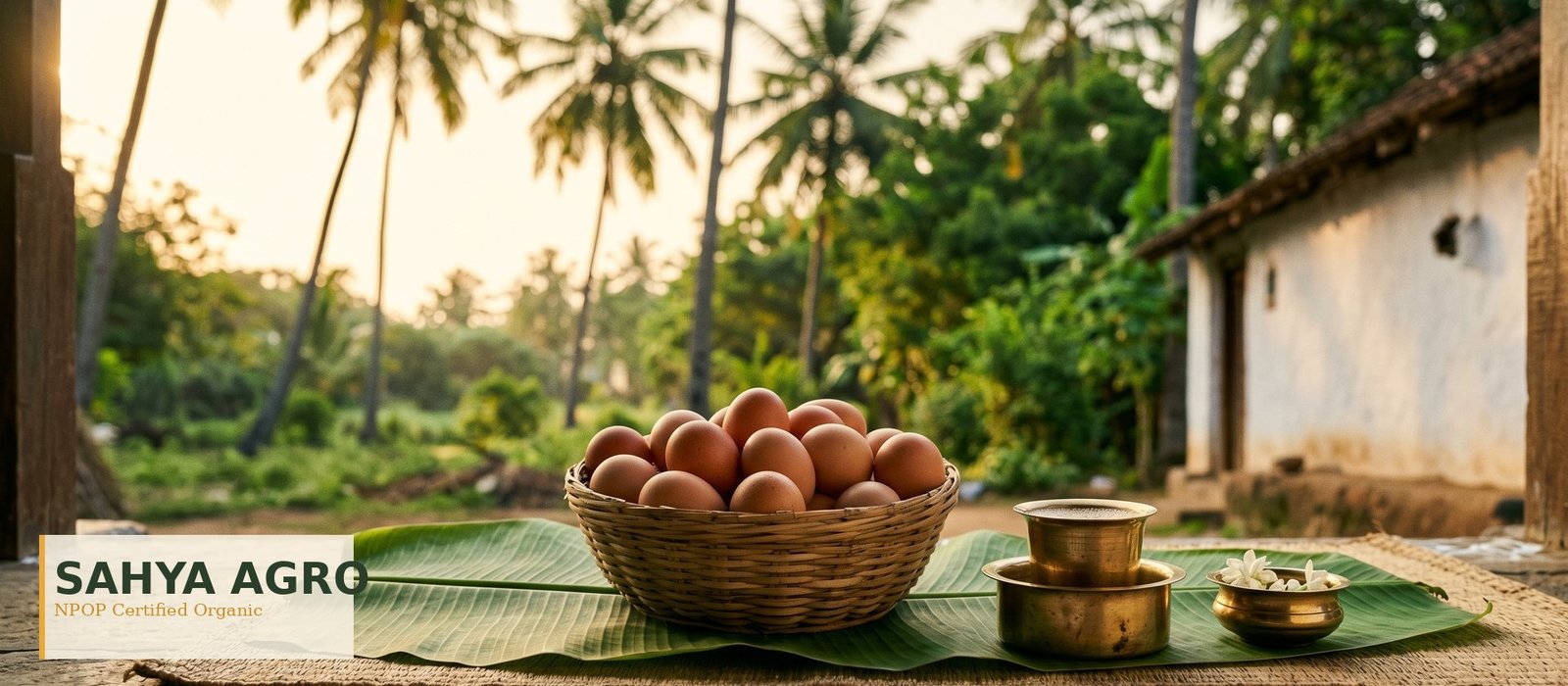 Sahya Agro — Tamil Nadu organic eggs, brass tumbler + coconut palms