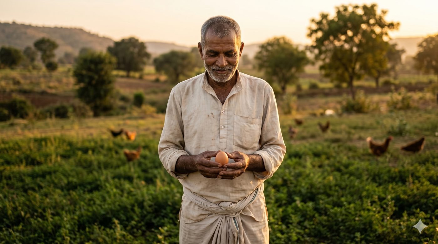 Sahya Egg farmer with fresh egg in hand